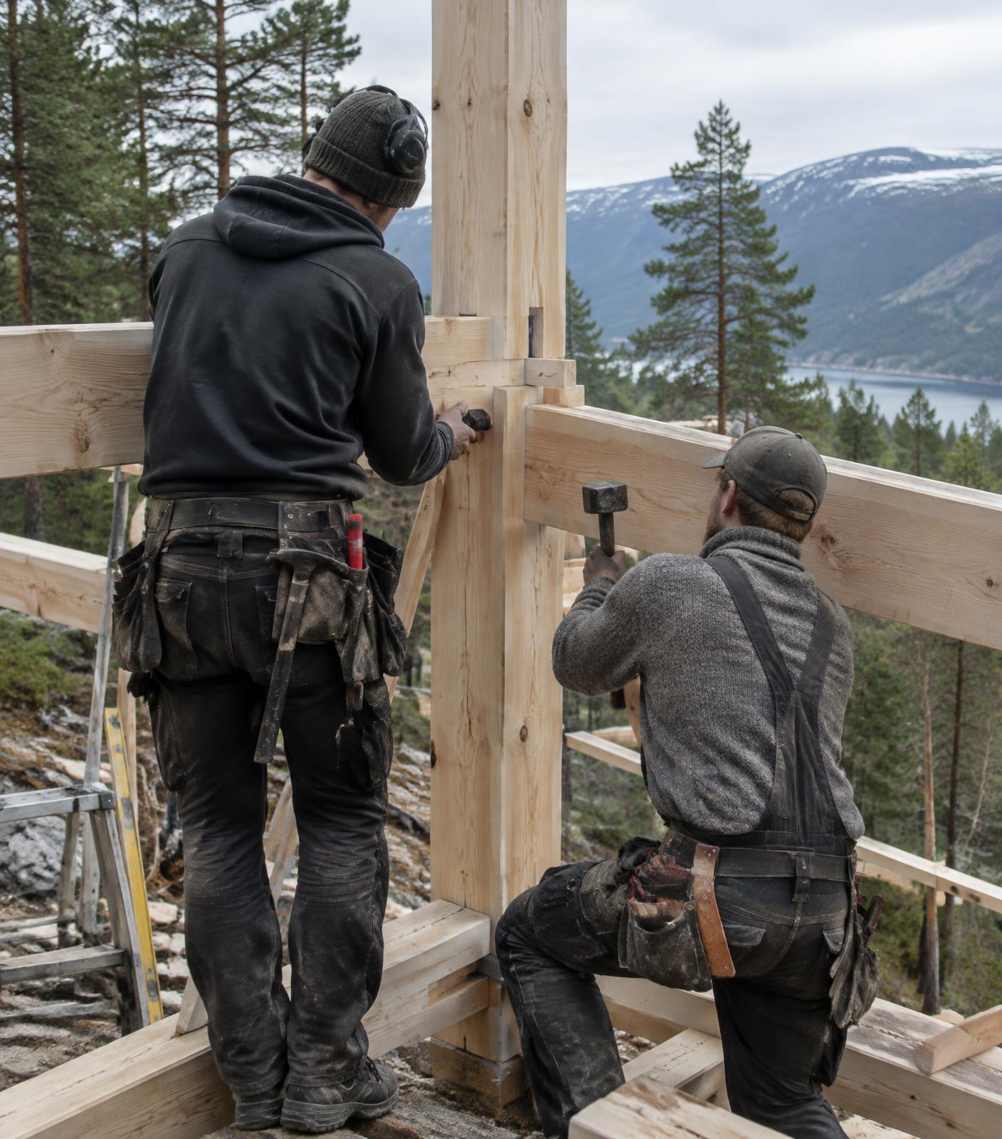 To tømrere setter sammen en bærende trekonstruksjon i skogen