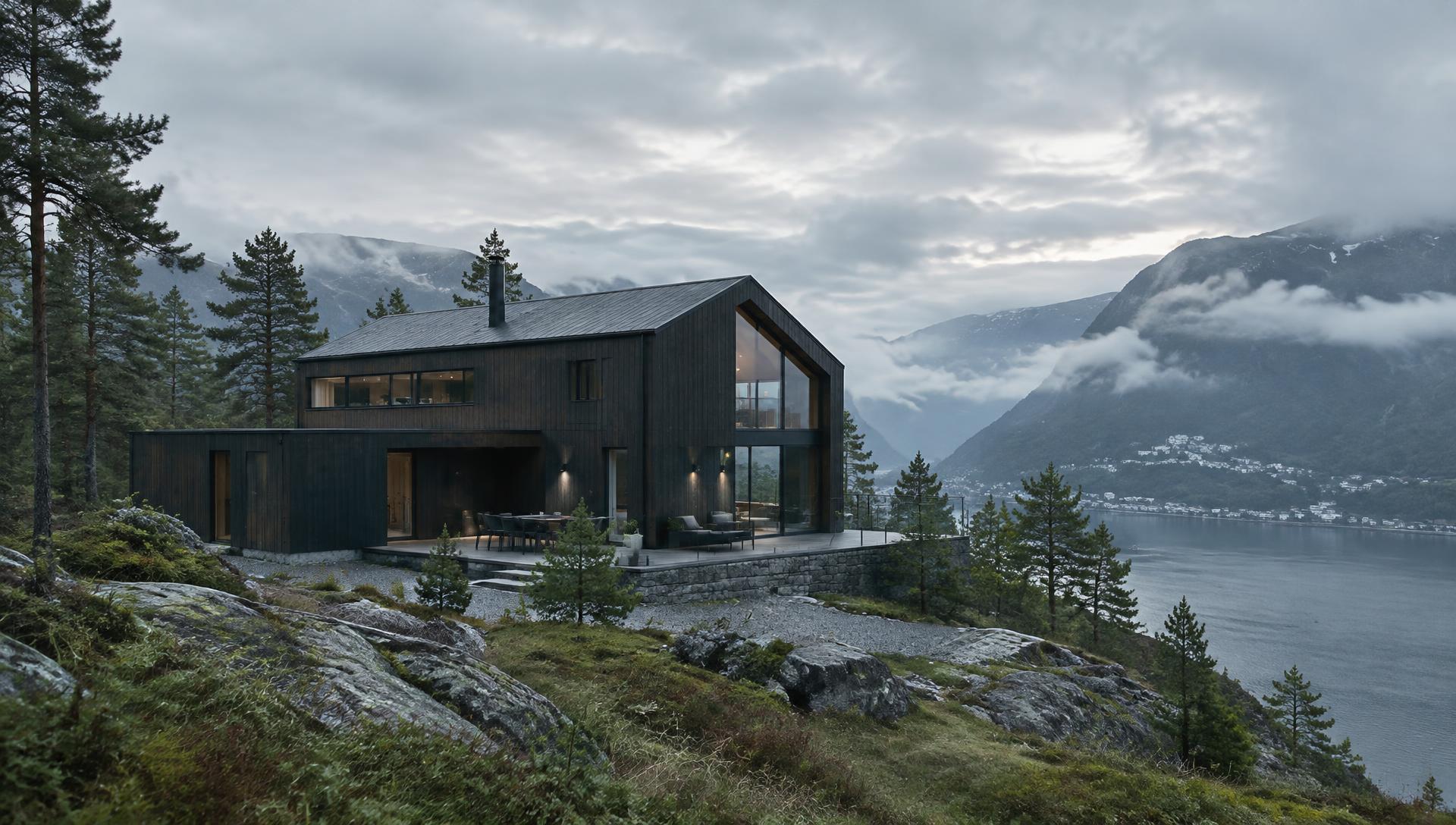 Moderne trebolig i mørkt tre på en fjellskrent over fjorden