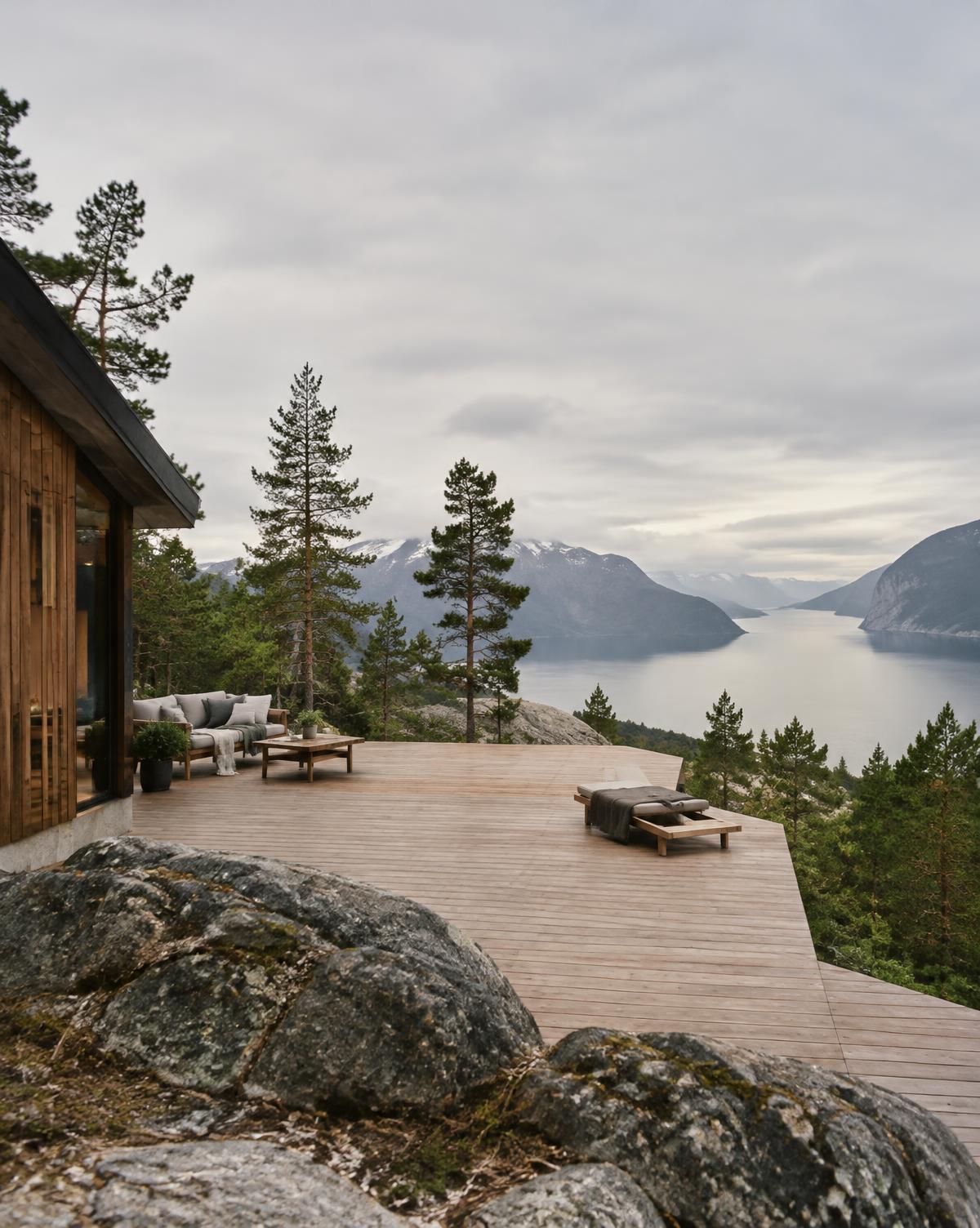 Terrasse i tre med utsikt over fjord og fjell